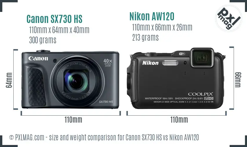 Canon SX730 HS vs Nikon AW120 size comparison
