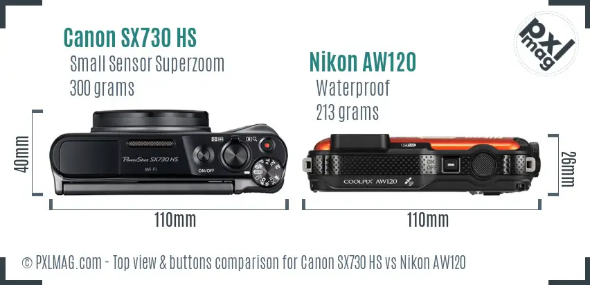 Canon SX730 HS vs Nikon AW120 top view buttons comparison