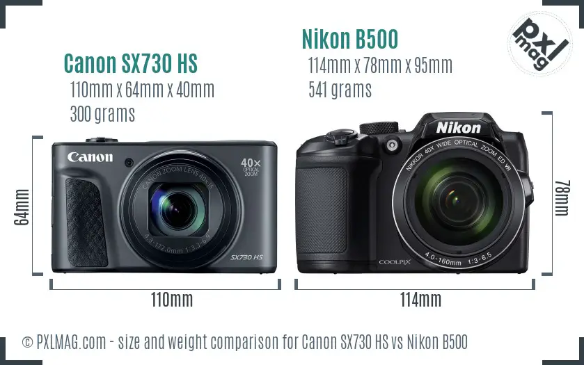 Canon SX730 HS vs Nikon B500 size comparison