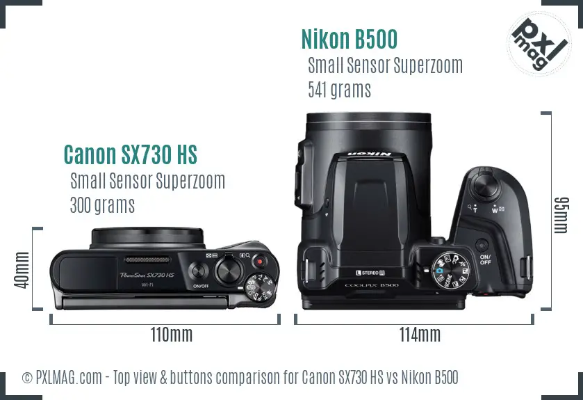 Canon SX730 HS vs Nikon B500 top view buttons comparison