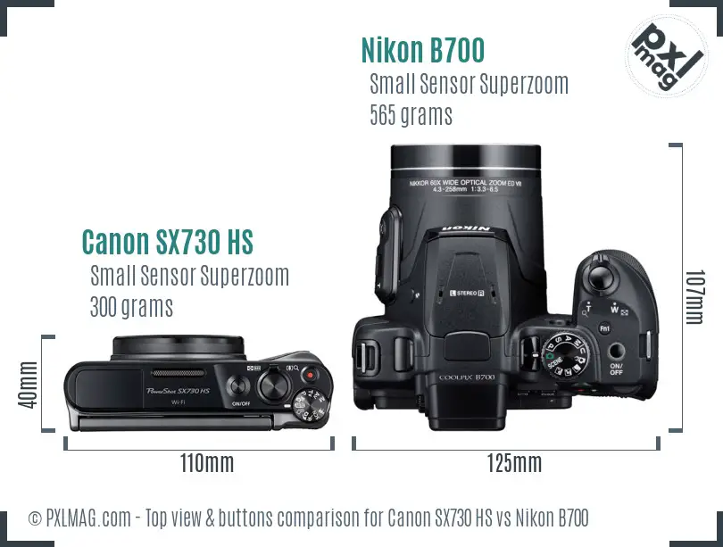 Canon SX730 HS vs Nikon B700 top view buttons comparison Canon SX730 HS vs Nikon B700 top view buttons comparison