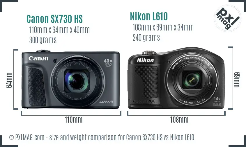 Canon SX730 HS vs Nikon L610 size comparison