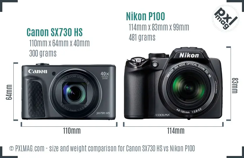 Canon SX730 HS vs Nikon P100 size comparison