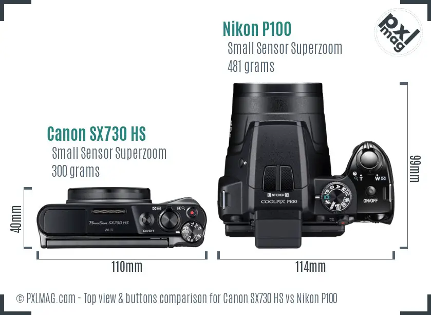 Canon SX730 HS vs Nikon P100 top view buttons comparison