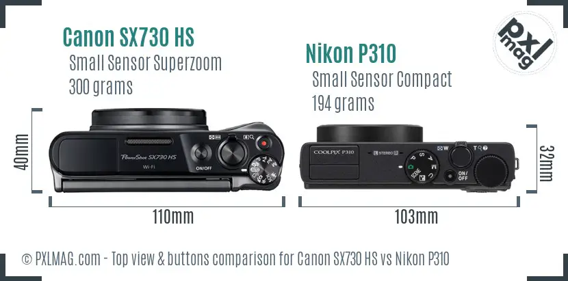 Canon SX730 HS vs Nikon P310 top view buttons comparison
