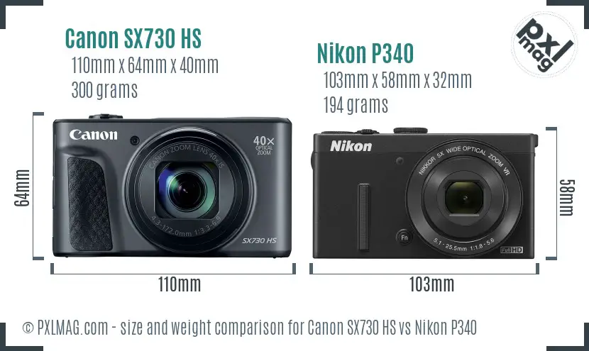 Canon SX730 HS vs Nikon P340 size comparison