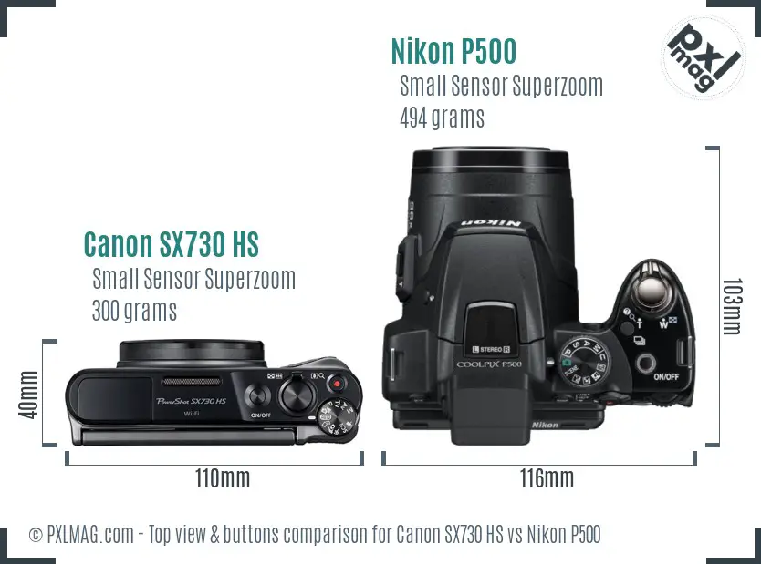 Canon SX730 HS vs Nikon P500 top view buttons comparison
