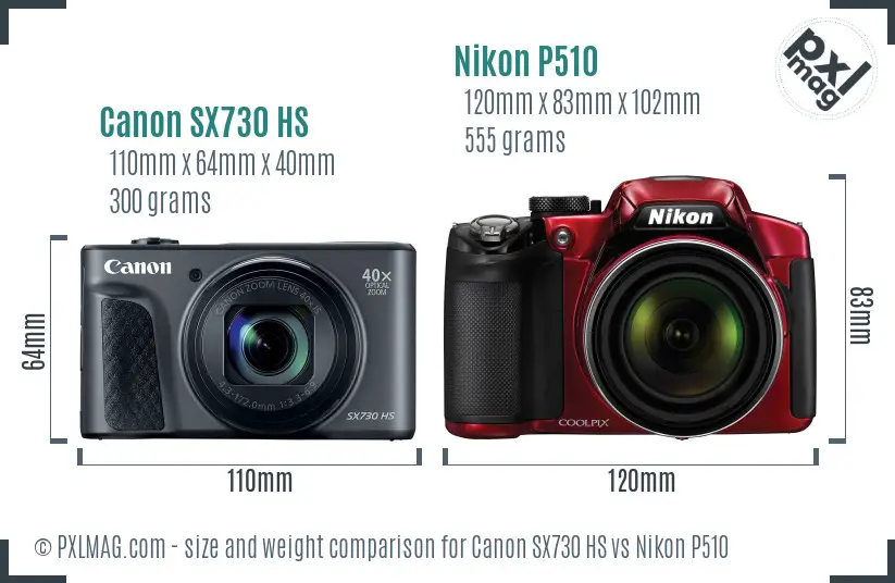 Canon SX730 HS vs Nikon P510 size comparison