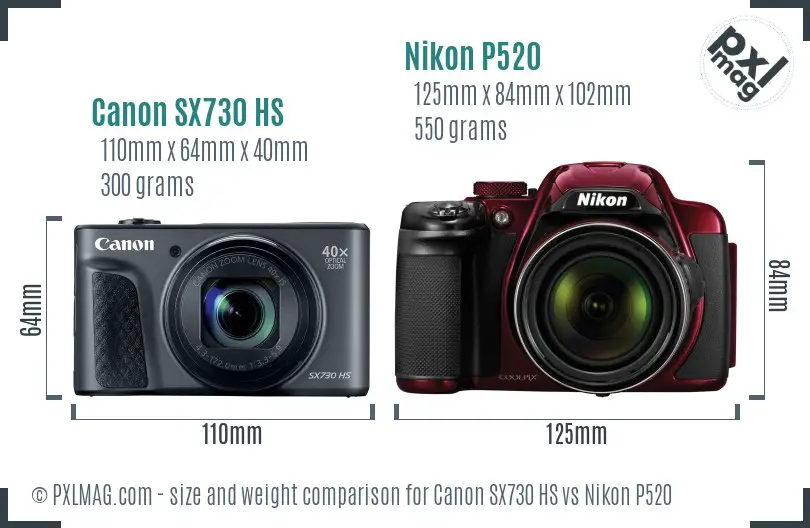 Canon SX730 HS vs Nikon P520 size comparison