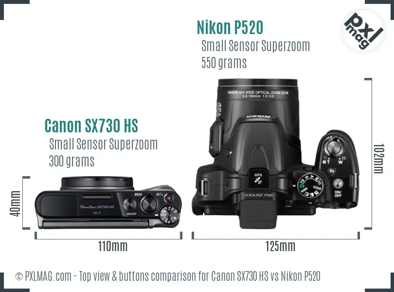 Canon SX730 HS vs Nikon P520 top view buttons comparison