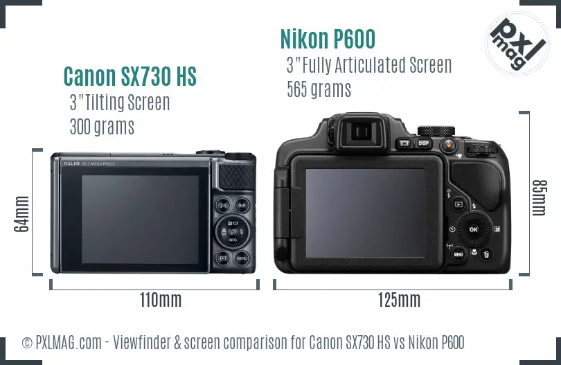 Canon SX730 HS vs Nikon P600 Screen and Viewfinder comparison