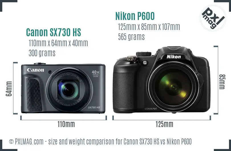 Canon SX730 HS vs Nikon P600 size comparison