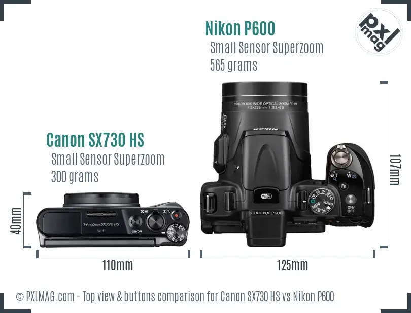 Canon SX730 HS vs Nikon P600 top view buttons comparison