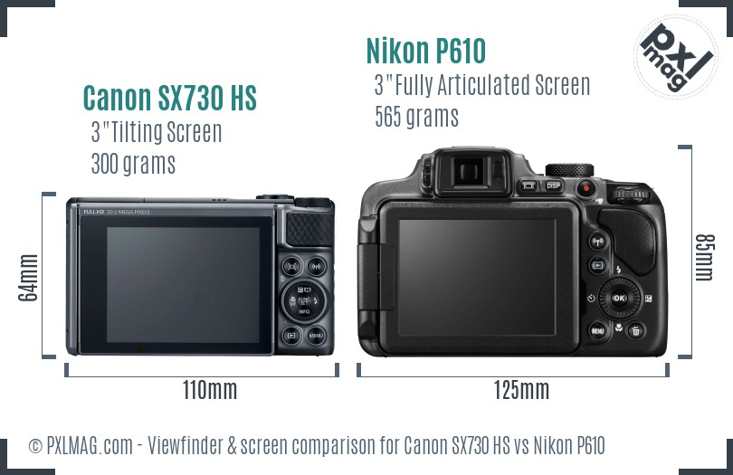 Canon SX730 HS vs Nikon P610 Screen and Viewfinder comparison