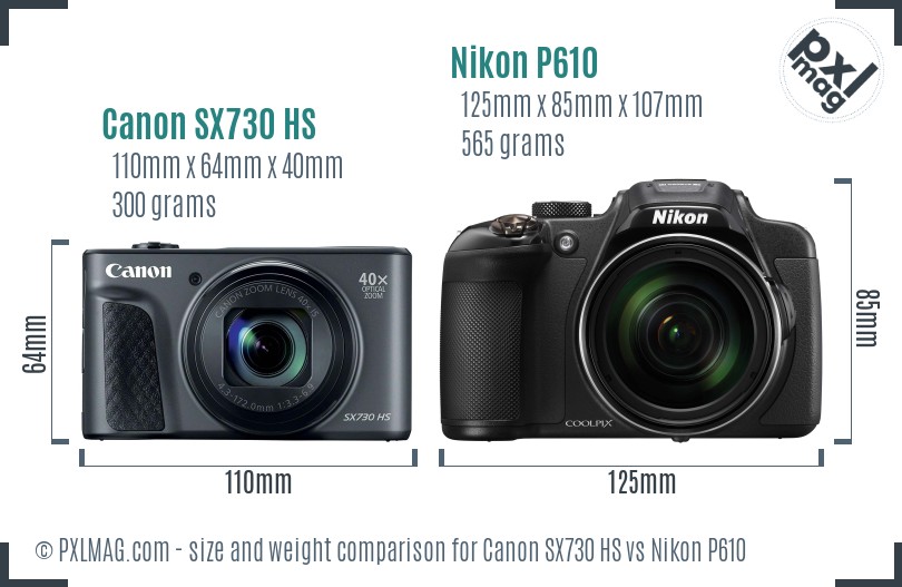 Canon SX730 HS vs Nikon P610 size comparison