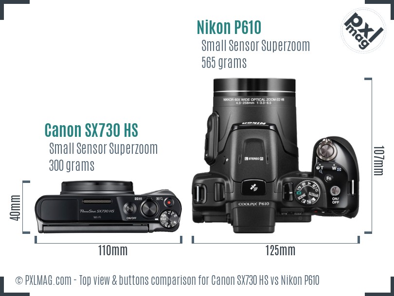 Canon SX730 HS vs Nikon P610 top view buttons comparison