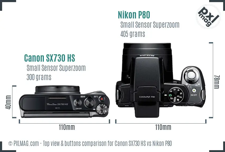 Canon SX730 HS vs Nikon P80 top view buttons comparison