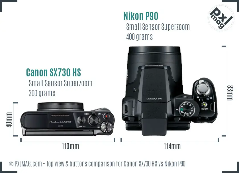 Canon SX730 HS vs Nikon P90 top view buttons comparison Canon SX730 HS vs Nikon P90 top view buttons comparison