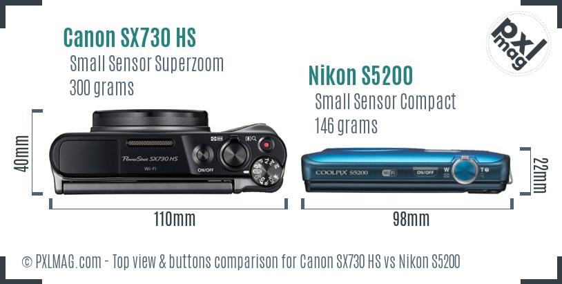 Canon SX730 HS vs Nikon S5200 top view buttons comparison
