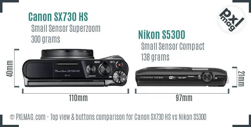 Canon SX730 HS vs Nikon S5300 top view buttons comparison Canon SX730 HS vs Nikon S5300 top view buttons comparison