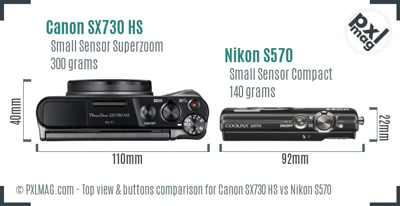 Canon SX730 HS vs Nikon S570 top view buttons comparison Canon SX730 HS vs Nikon S570 top view buttons comparison