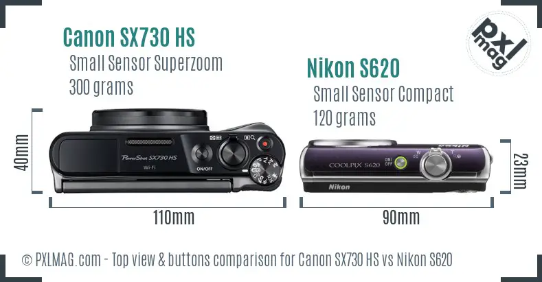 Canon SX730 HS vs Nikon S620 top view buttons comparison