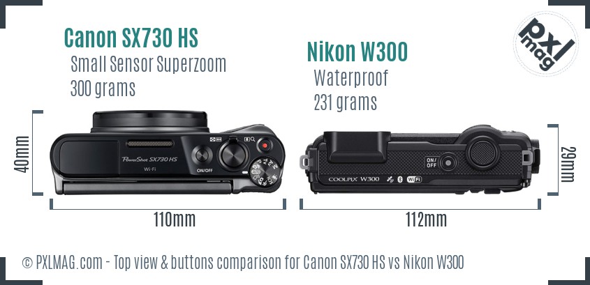 Canon SX730 HS vs Nikon W300 top view buttons comparison