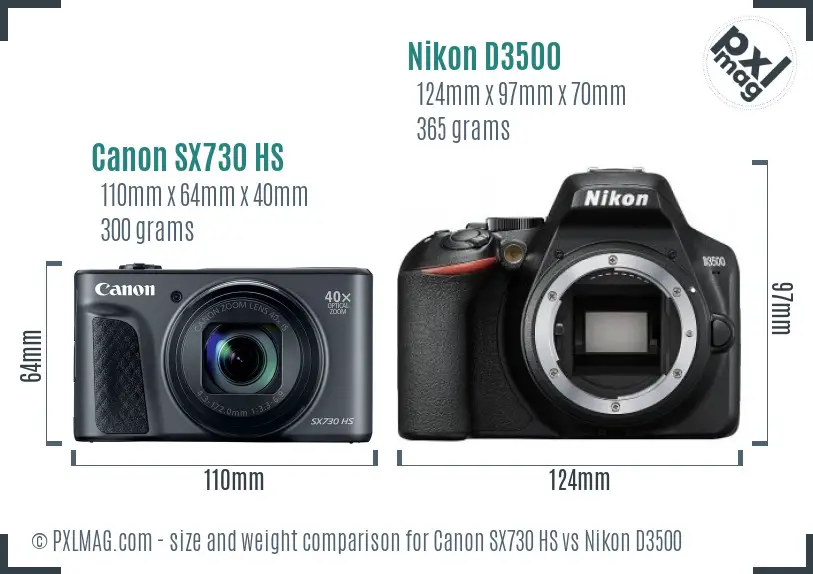 Canon SX730 HS vs Nikon D3500 size comparison