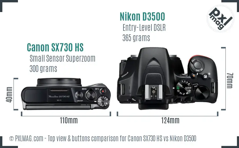 Canon SX730 HS vs Nikon D3500 top view buttons comparison
