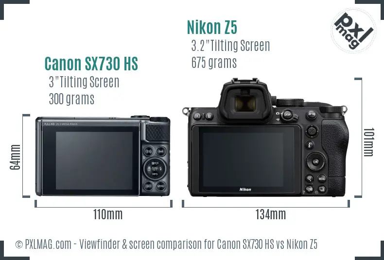 Canon SX730 HS vs Nikon Z5 Screen and Viewfinder comparison
