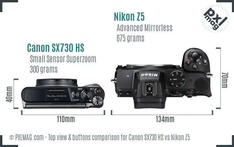 Canon SX730 HS vs Nikon Z5 top view buttons comparison