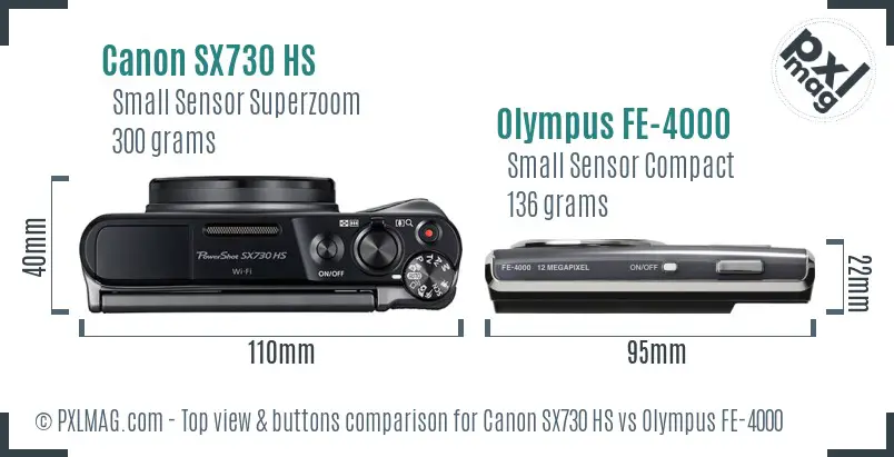Canon SX730 HS vs Olympus FE-4000 top view buttons comparison Canon SX730 HS vs Olympus FE-4000 top view buttons comparison
