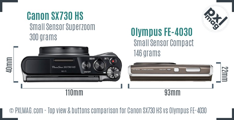 Canon SX730 HS vs Olympus FE-4030 top view buttons comparison