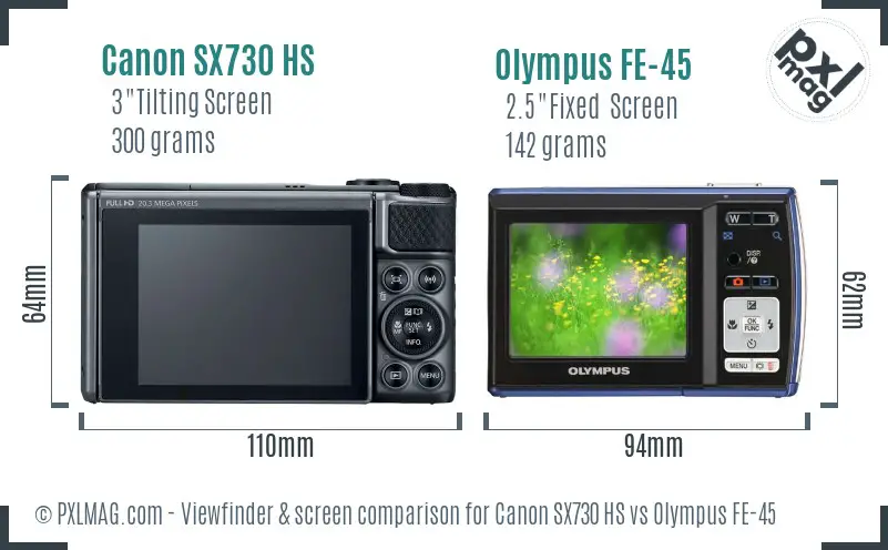 Canon SX730 HS vs Olympus FE-45 Screen and Viewfinder comparison