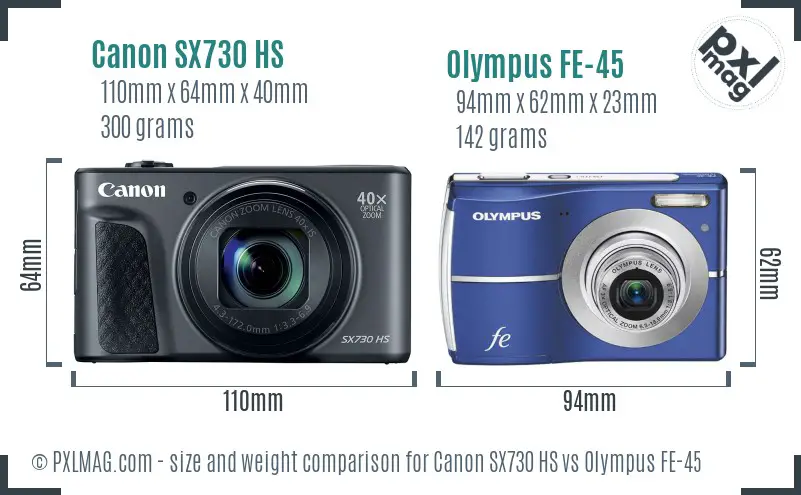 Canon SX730 HS vs Olympus FE-45 size comparison