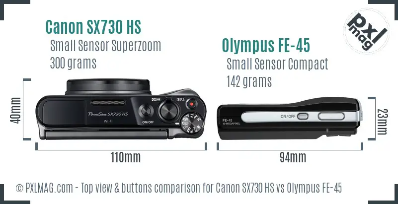 Canon SX730 HS vs Olympus FE-45 top view buttons comparison