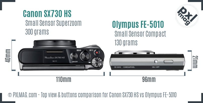 Canon SX730 HS vs Olympus FE-5010 top view buttons comparison
