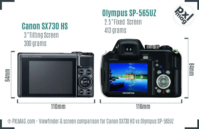 Canon SX730 HS vs Olympus SP-565UZ Screen and Viewfinder comparison
