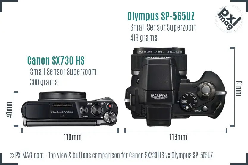Canon SX730 HS vs Olympus SP-565UZ top view buttons comparison
