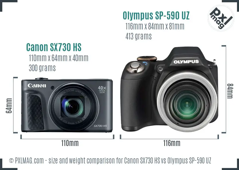 Canon SX730 HS vs Olympus SP-590 UZ size comparison