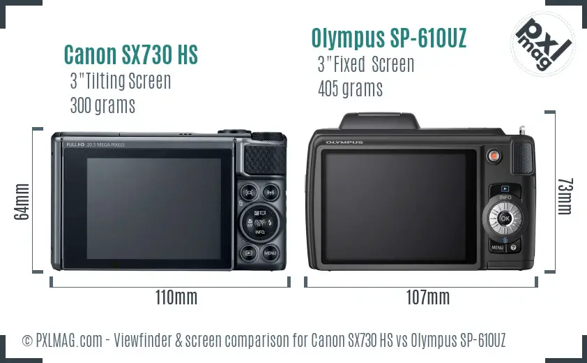 Canon SX730 HS vs Olympus SP-610UZ Screen and Viewfinder comparison