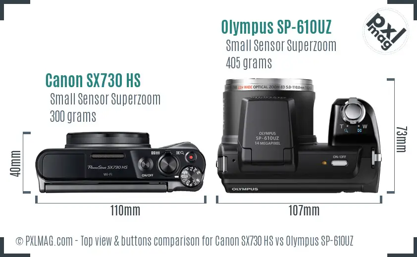 Canon SX730 HS vs Olympus SP-610UZ top view buttons comparison