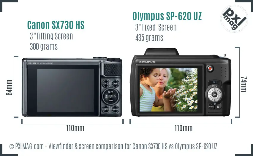 Canon SX730 HS vs Olympus SP-620 UZ Screen and Viewfinder comparison