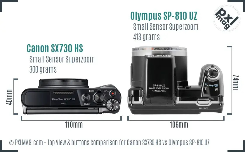 Canon SX730 HS vs Olympus SP-810 UZ top view buttons comparison