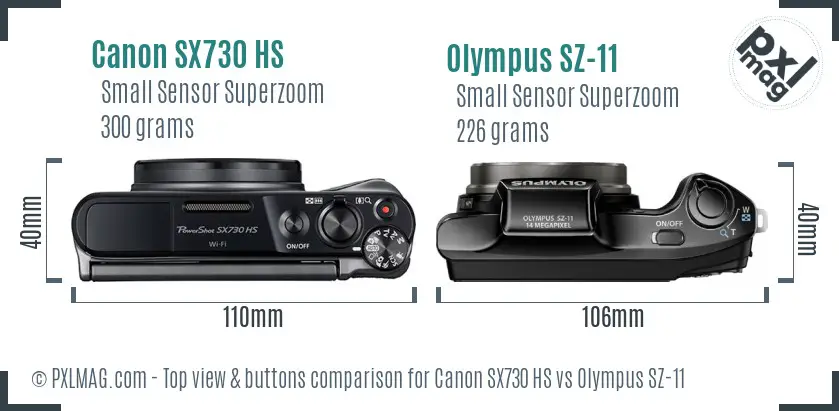 Canon SX730 HS vs Olympus SZ-11 top view buttons comparison