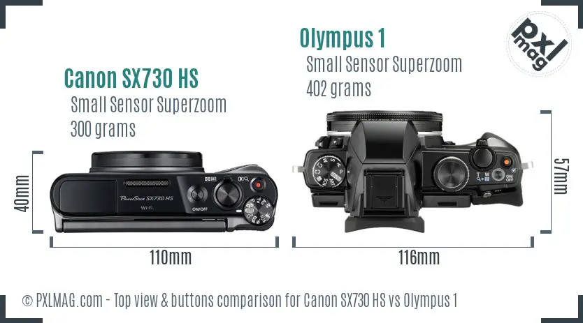 Canon SX730 HS vs Olympus 1 top view buttons comparison Canon SX730 HS vs Olympus 1 top view buttons comparison