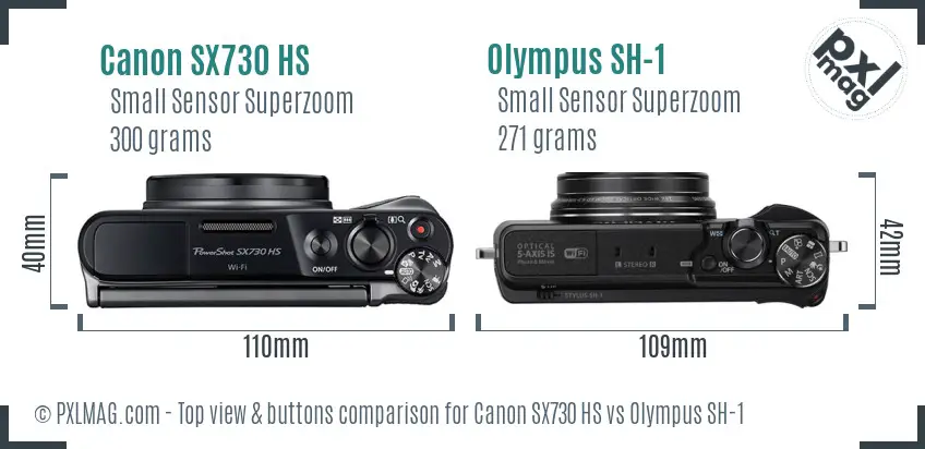 Canon SX730 HS vs Olympus SH-1 top view buttons comparison