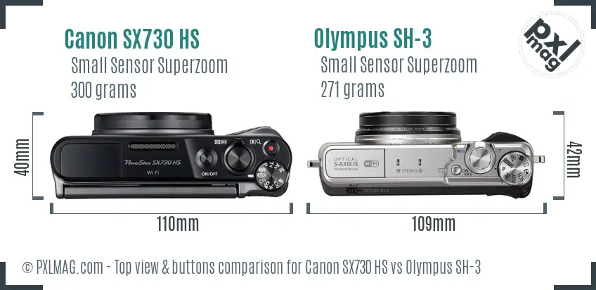 Canon SX730 HS vs Olympus SH-3 top view buttons comparison
