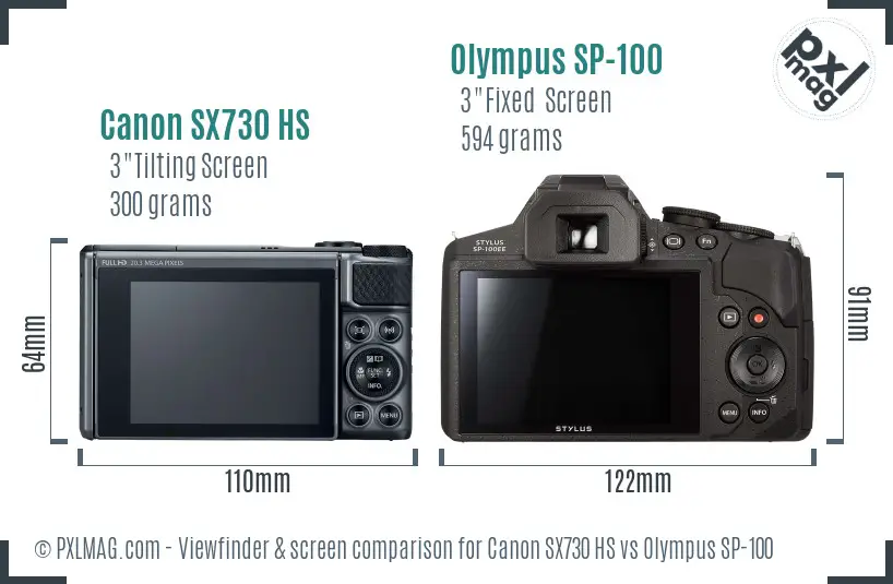 Canon SX730 HS vs Olympus SP-100 Screen and Viewfinder comparison