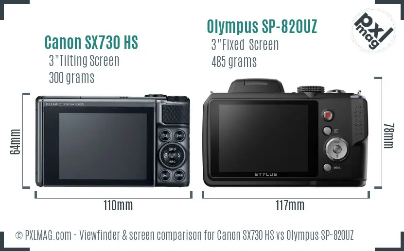 Canon SX730 HS vs Olympus SP-820UZ Screen and Viewfinder comparison
